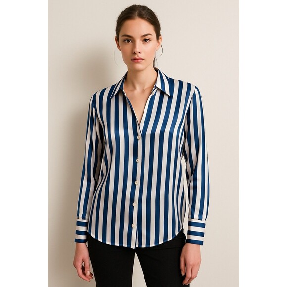 ZARA Blue White Satin Stripe Button Down Blouse | Classic Chic Work Top Sz S - Picture 1 of 8